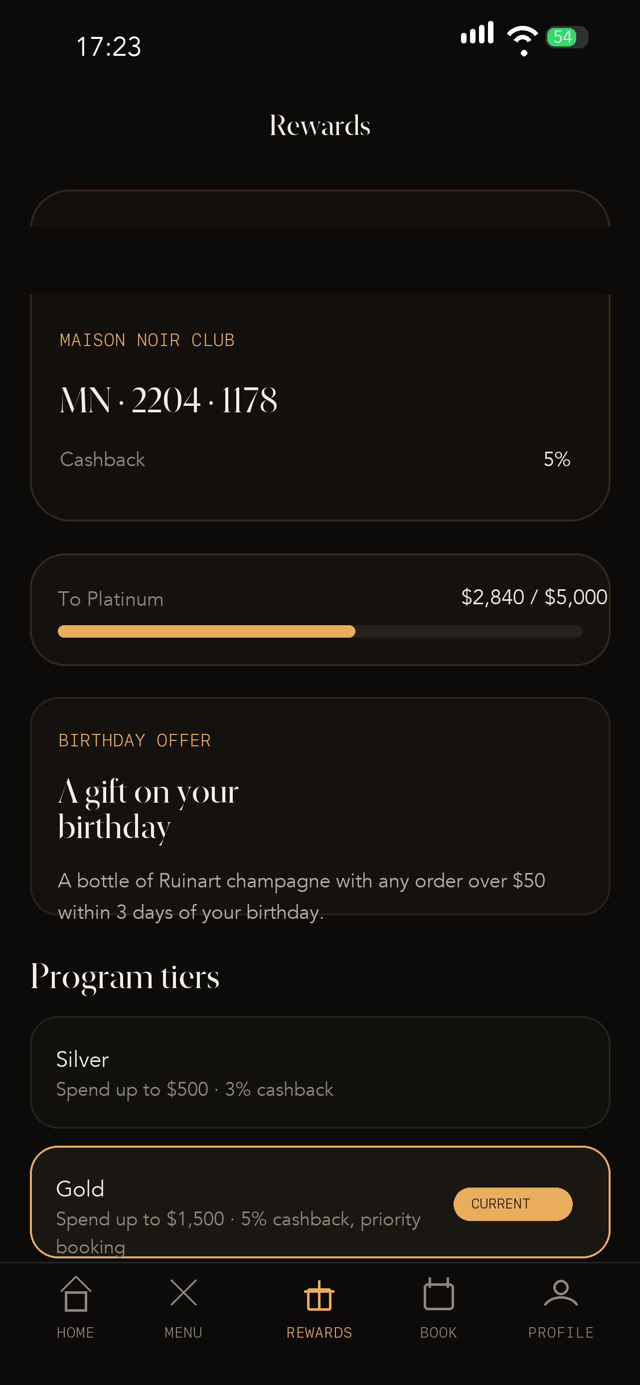 Restaurant app rewards program screen example