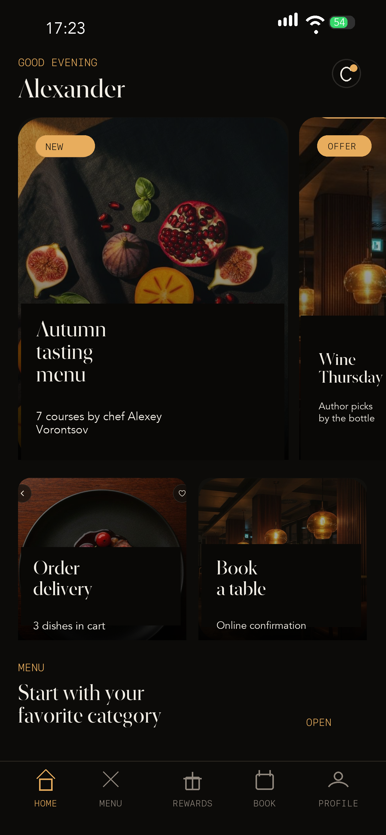 Restaurant app home screen example