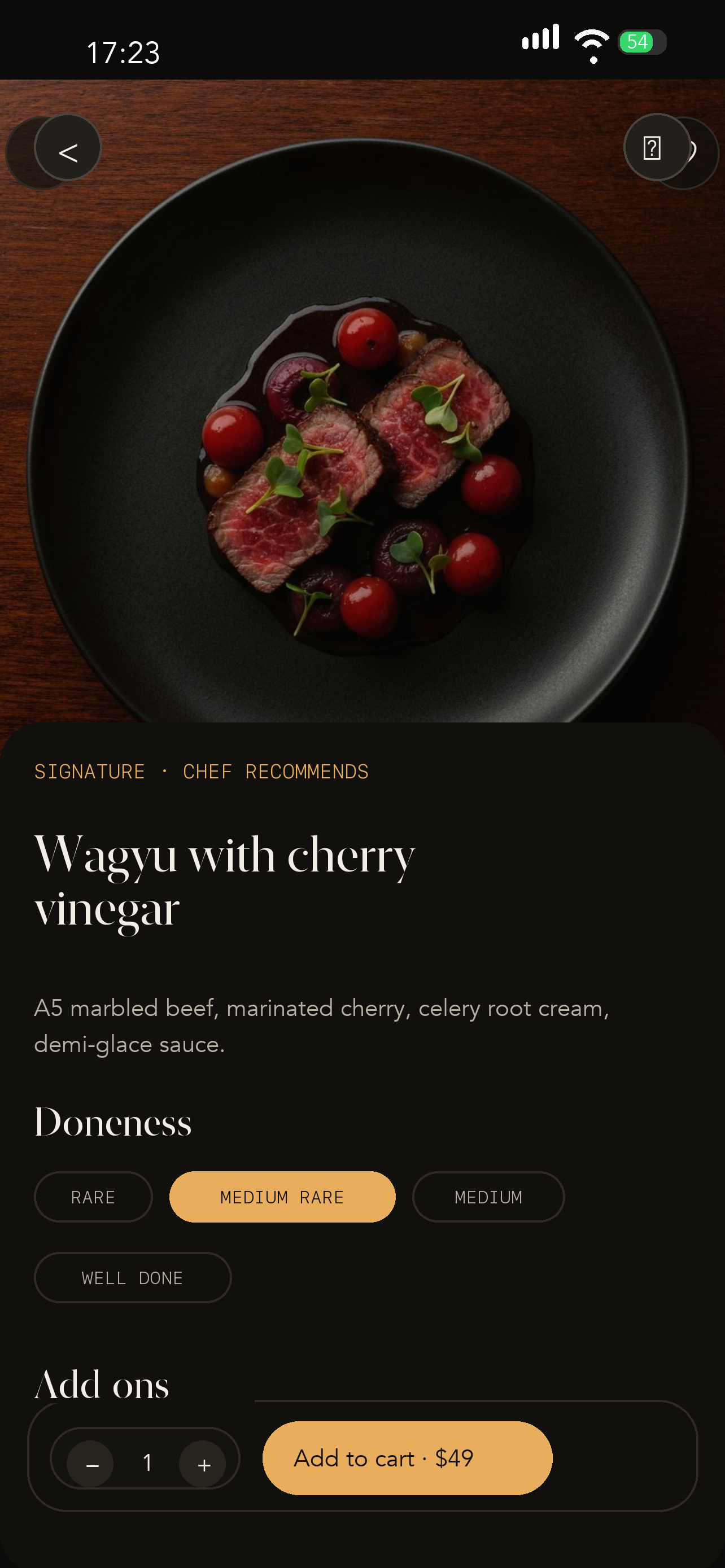 Restaurant app menu and order screen example